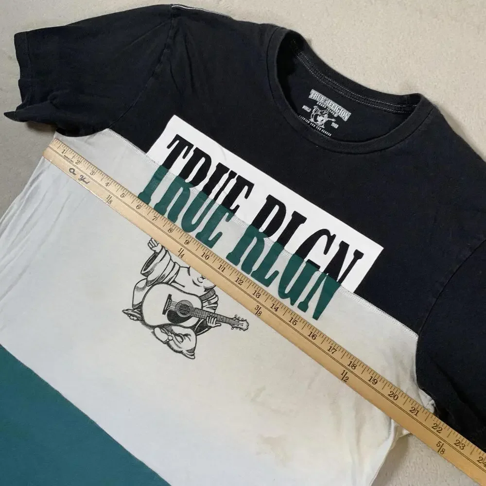 True Religion Shirt Mens XL Black Green‎ Colorblock Short Sleeve Buddha Logo